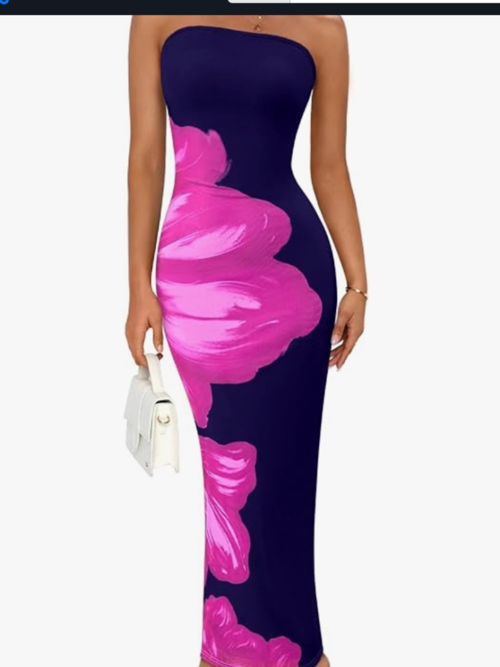 Strapless Navy Maxi Dress with Pink Floral Accent